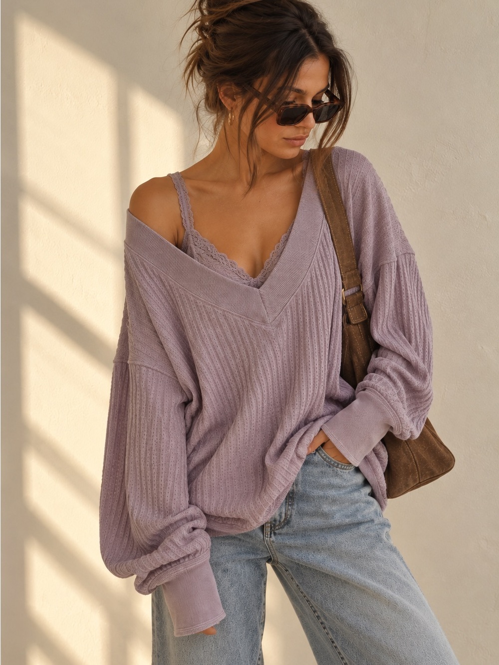 Free People We The Free Santa Clara Oversized Thermal Top Boho Lavender Large